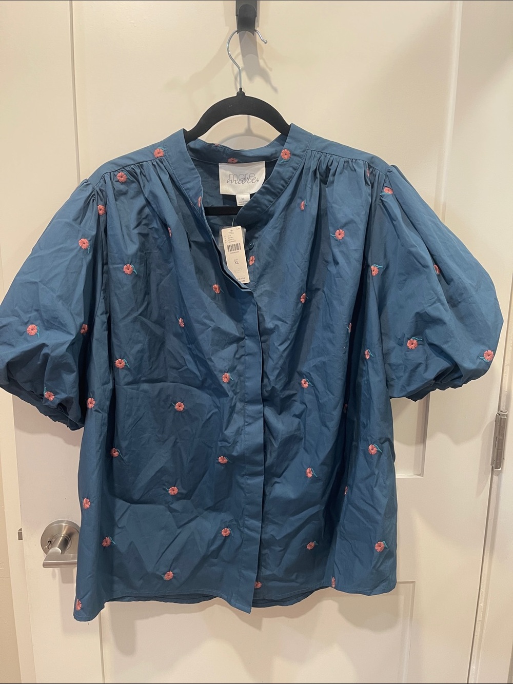 ANthropologie Mare Mare Puff-Sleeve Button-Down Shirt w/Pink Embroidery sz XL